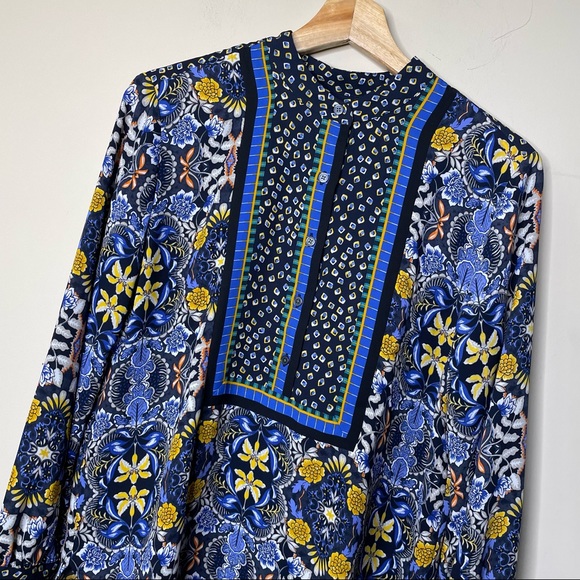 Loft Floral Mixed Print Popover Long Sleeve Blue Yellow - Picture 3 of 8